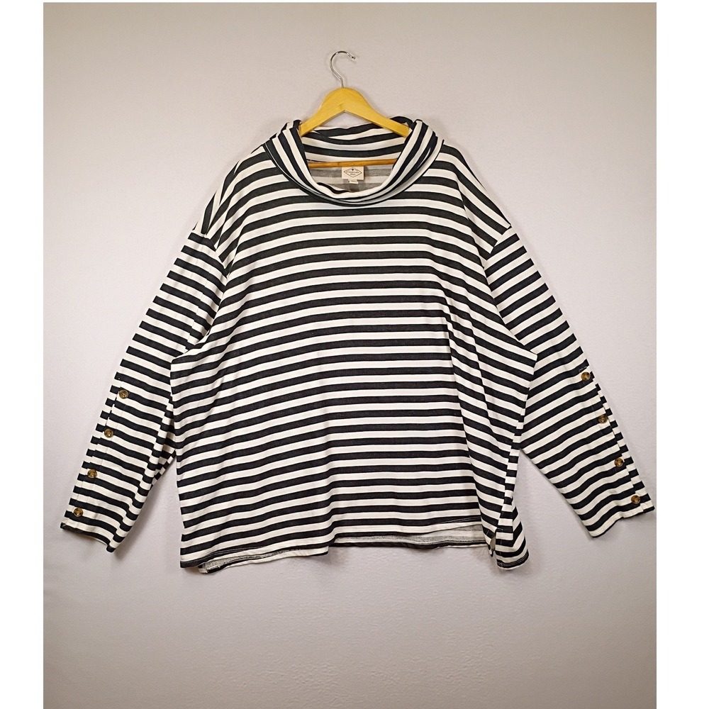 Nautical St. John's Bay Women 3X Black White Striped Button Sleeve Mock Neck Top